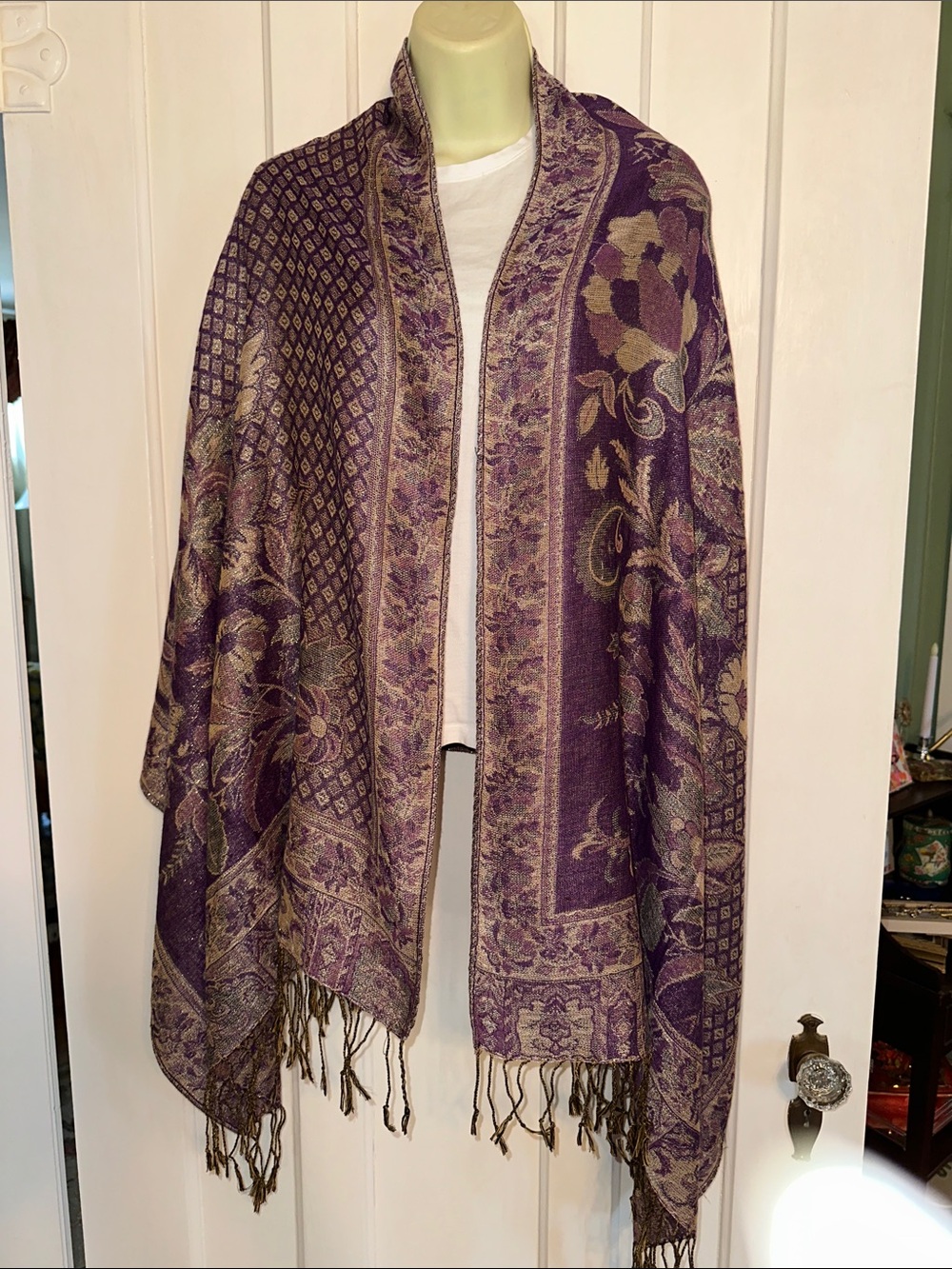 Purple Floral Jacquard Shawl Wrap with Gold Metallic Threads